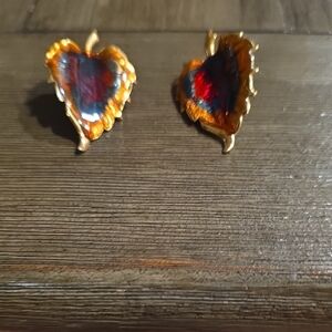 Golden Leaf Earrings with Red Accents